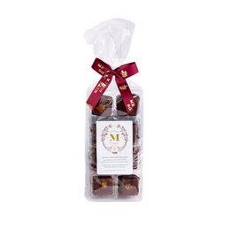  Gingerbread-flavored praline chocolates in a festive gift bag with a red ribbon. The chocolates have a round, bite-sized shape and a dark brown color.