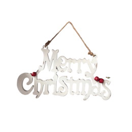  "Wooden Christmas ornament with 'Merry Christmas' text and decorative elements like holly leaves and red ornaments."

The image shows a wooden Christmas ornament with the text "Merry Christmas" cut out in a decorative font. The ornament is hung on a string and is surrounded by green pine branches and red ornaments, likely representing holly leaves and berries. This wooden Christmas decoration would be suitable for hanging on a tree or displaying in a home during the holiday season.