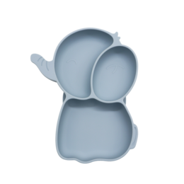  Powder blue elephant-shaped plate for kids, made of durable silicone material.