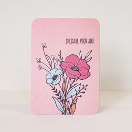 Colorful floral postcard with text 'Special for you' and 'Thank you well'

The image shows a colorful floral postcard design. The postcard has a pink background with a bouquet of flowers in the center, including pink, blue, and white flowers. The text on the postcard reads "Special for you" and "Thank you well". The overall design has a whimsical, hand-drawn style with a variety of flower shapes and colors.