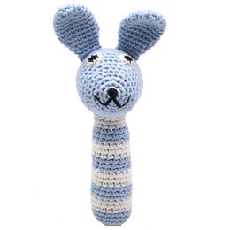 A light blue crocheted rabbit rattle toy with a soft, plush texture and a simple, whimsical design. Suitable for babies and young children.