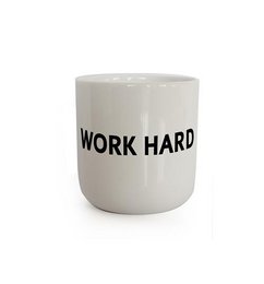 A white ceramic mug with the text "WORK HARD" printed on it. The mug has a simple, minimalist design.