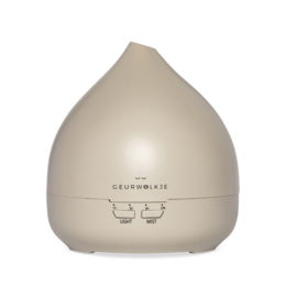 Warm gray mist diffuser with 400 ml capacity and recommended price of €49.95. Features a teardrop-shaped design.
