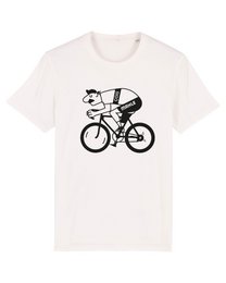  "Cream white short sleeve t-shirt with black cyclist illustration graphic print design"