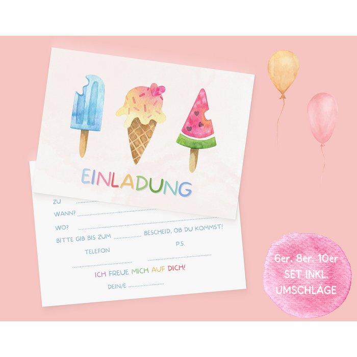 Eiscreme-förmige Einladungskarten - 20 Set Mit Umschlägen Für Geburtstagsparty (doppelseitig)