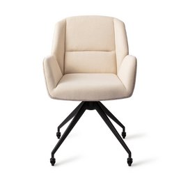  Beige upholstered swivel dining chair with black metal base and casters for easy mobility.
