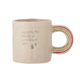 Stoneware mug with a nature-inspired design featuring clouds, raindrops, and a rainbow. The mug has a warm, earthy color palette and a textured surface.