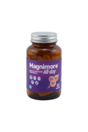  "Purple glass bottle magnesium supplement tablets, daily wellness vitamin jar with white cap"