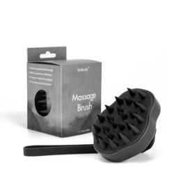 Black massage brush with soft bristles for scalp massage and hair stimulation.
