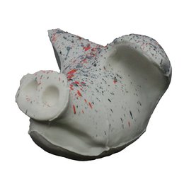 Decorative splatter-painted money box with a unique, abstract design in shades of gray and red.