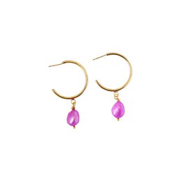  Pink freshwater pearl hoop earrings with a gold-tone finish and a pink drop charm.