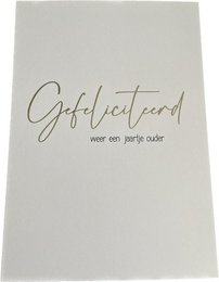 A white greeting card with a gold foil "Gefeliciteerd" (Congratulations) text in a cursive font. The card is suitable for birthday celebrations.