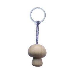 Wooden mushroom keychain in various colors including ice blue, lavender, lilac, moss, and tropical. Compact, decorative keychain with a mushroom shape.