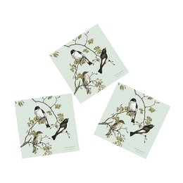 Set of 3 napkins featuring a pied flycatcher bird perched on a flowering branch. Made from FSC-certified paper, produced in Europe.