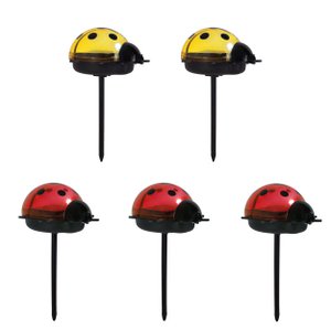 Zonne -decoratieve spiesjes "Ladybug" 5 set, 7,8 x 6 cm, 14,2 cm hoog, plastic in zwart, rood en geel, drie rode en twee gele kevers in de set, geïntegreerde LED's, koud wit