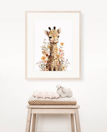 Giraffe nursery poster, giraffe poster, floral nursery print, mother and baby giraffe poster, nursery giraffe print, wildflowers print, girls nursery poster, girls room decoration