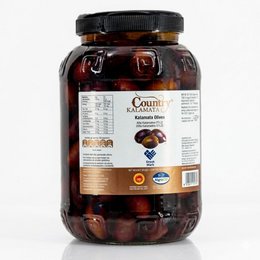  Dark purple Kalamata olives in brine, glass jar with black lid, traditional Greek PDO product