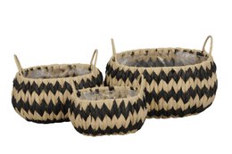  Set of 3 oval-shaped woven baskets with handles, suitable for use as plant pots or storage containers. The baskets feature a chevron pattern in black and natural tones.