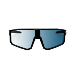 Black wraparound sunglasses with blue lenses and a sleek, sporty design.