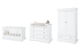 White 3-piece nursery set including a crib, changing unit, and wardrobe. Suitable for a baby's room.