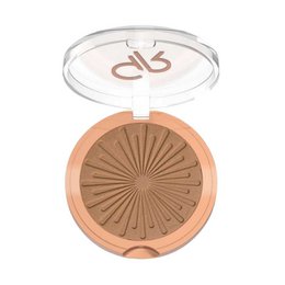  Warm bronze powder compact, radiant sun-kissed glow, circular pressed bronzer with fan pattern design.