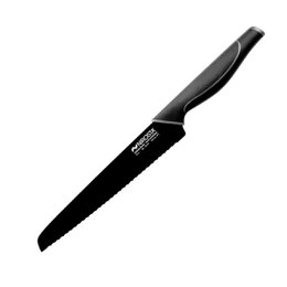  A black serrated bread knife with a sleek, modern design. The knife features a high-quality stainless steel blade that is ideal for slicing through crusty bread and other baked goods with ease.