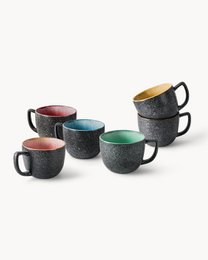 Set of 6 ceramic coffee cups in various muted colors, including green, orange, and blue. The cups feature a textured, speckled design and are suitable for a variety of hot beverages.