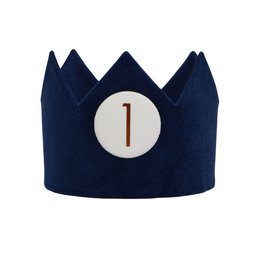 Navy blue felt crown with white circle and number 1 in the center, suitable for a child's birthday celebration.