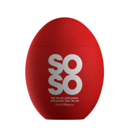  A red salt shaker with the text "SOSO - Seasalt Chili power - rood" printed on it. The salt shaker has a round, egg-shaped design.