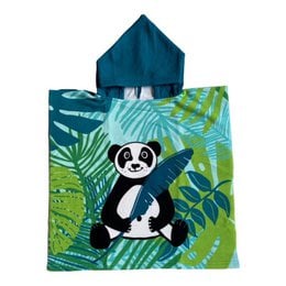 Soft, absorbent children's beach poncho featuring a panda design in a tropical jungle setting. Made of microfiber material for quick drying.