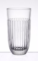 Set of 6 tall, clear glass longdrink glasses with vertical ribbed pattern. Suitable for cocktails, lemonade, or other long drinks.