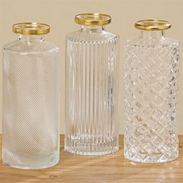  Tall, cylindrical glass vase with a transparent, ribbed design and gold-colored rim. The vase measures approximately 5 inches in diameter and 13 inches in height.