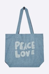 Denim tote bag with "Peace Love" text in white. Casual, reusable shopping bag with a simple, minimalist design.