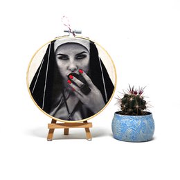 Handmade Embroidery Hoop Wall Art - Rebel nuns - Textile Wall Decoration (15cm)