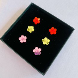  Colorful flower stud earrings in red, yellow, and pink blossom designs, small delicate floral studs.