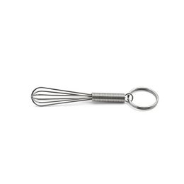 A small, stainless steel whisk keyring measuring 8 cm in length. The whisk has a ring at the end for attaching to a keychain or bag.