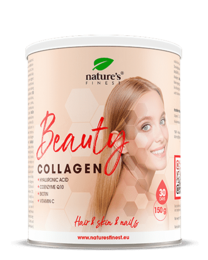 Beauty collagen supplement with hyaluronic acid, supports skin, hair, and nails.