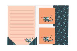 Lined notebook paper with a dragon warrior design, featuring a repeating pattern of dragons and other fantasy elements in shades of orange and blue.