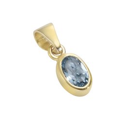 Oval-shaped pendant with a light blue gemstone set in a gold-tone metal frame.