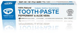 Green People Tandpasta Peppermint & Aloe Vera toothpaste. Minty fresh peppermint flavor with soothing aloe vera. Natural, vegan, and fluoride-free.