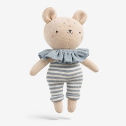  Soft, plush knitted bear toy with gray and white striped outfit. Cute, cuddly design perfect for children.