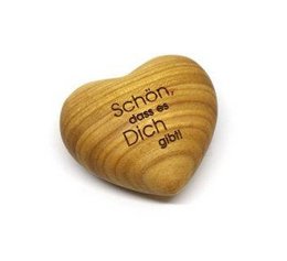 Wooden heart-shaped ornament with the text "Schon, dass du da bist!" (Nice that you exist!) in German. The ornament is made of light-colored wood and has a smooth, natural finish.