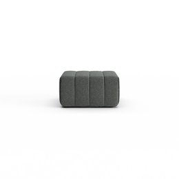A square, grey ottoman or footstool with a textured, upholstered surface.