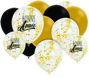 PACK MIT 12 BALLONS 30CM (3 x schwarz + 3 x weiß + 3 gold + 3 mit SCHRIFTEN BONNE ANNEE