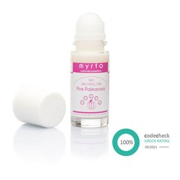 Organic deodorant roll-on in pink palmarosa scent. Made with natural ingredients, aluminum-free, and suitable for sensitive skin.