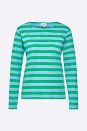 Green and white striped long-sleeved women's t-shirt made of double jersey fabric.