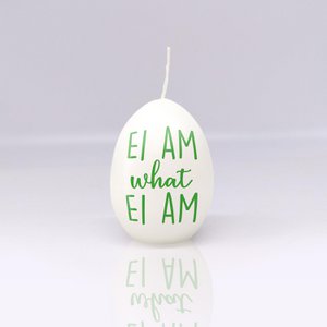 Ei-Kerze, weiß/grün "Ei am what Ei am"