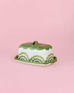 Ceramic Butter Dish - Hand Painted - Green and Beige - Roots