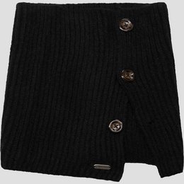 Black knitted scarf with button details, suitable for kids.