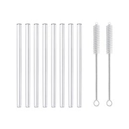 A set of 7 reusable glass straws with 2 cleaning brushes. The straws are 15 cm long and 1 cm in diameter, made of durable glass material.